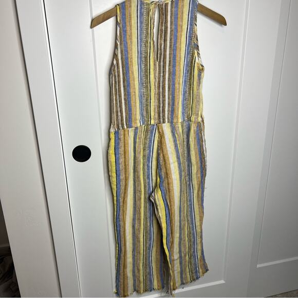 Anthropologie Drew Yellow Striped Linen Frayed Hem Straight Leg Jumpsuit Small - Picture 8 of 8